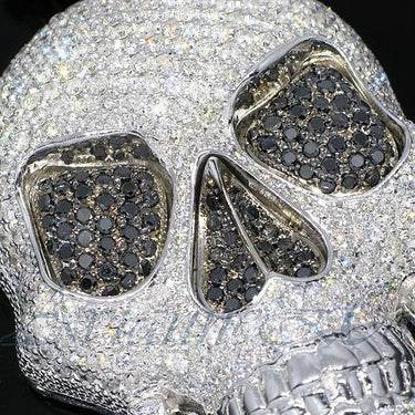 14K White Solid Gold Mens Diamond Skull Pendant with Black Diamonds 18.00 Ctw